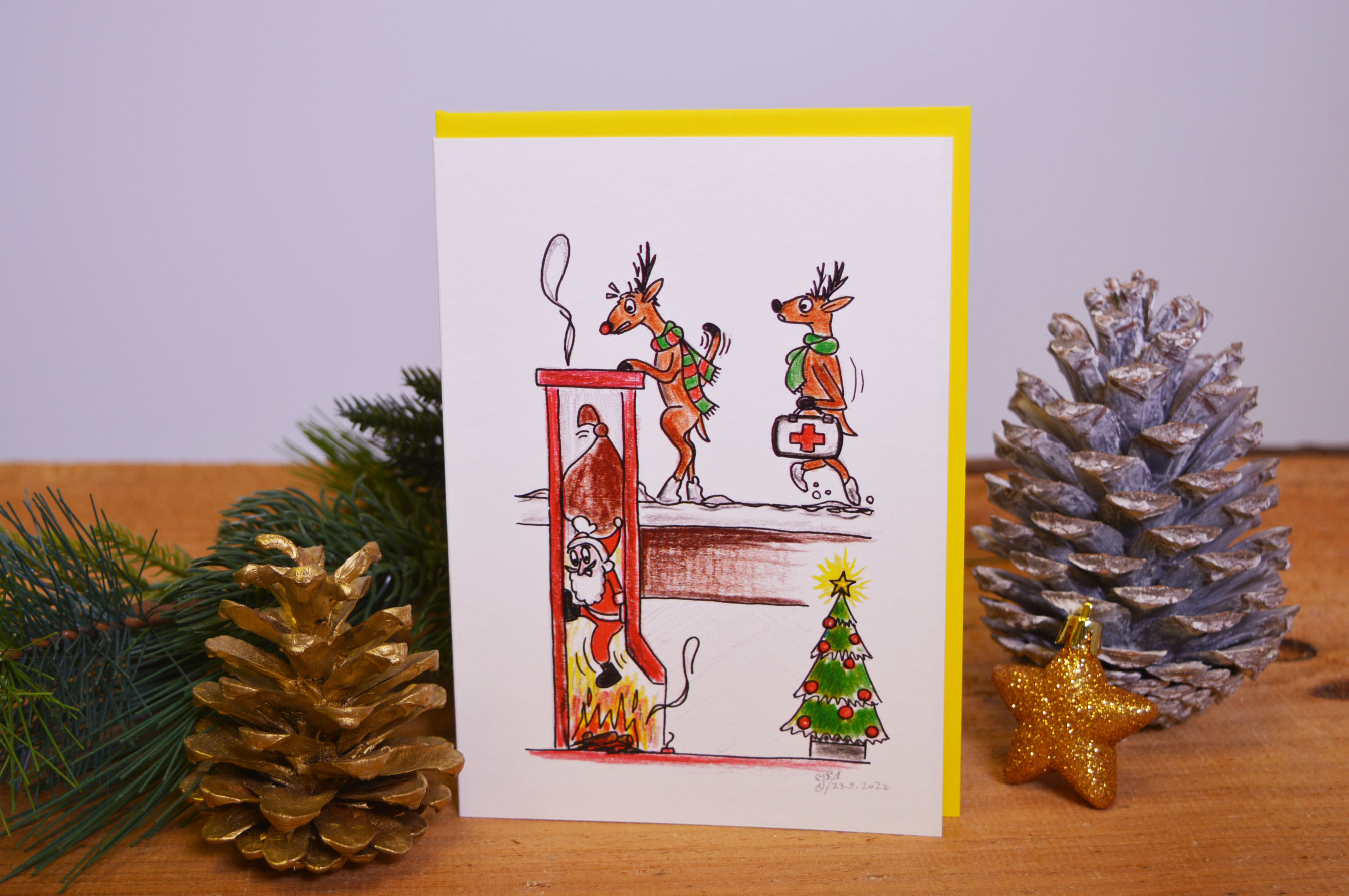 Weihnachtskarte, Schornstein und Rentiere